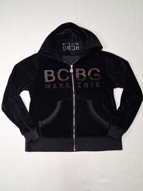 BCBG Y2K Max Azria Black Velour Zip Hoodie with Rhinestone Logo
